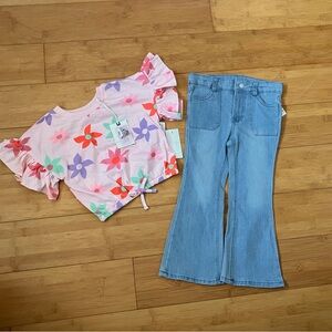 NWT Girls Size 4T Outfit - Floral Ruffle Sleeve Top & Light Wash Flared Jeans